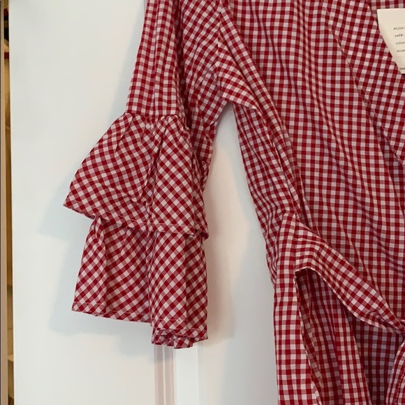 Red plaid wrap style blouse with bow - Picture 2 of 4